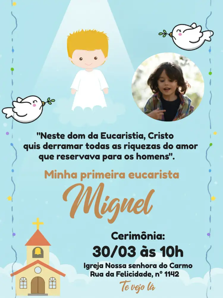 Convite Primeira Eucaristia Menino Com Foto Anjinho – tema Primeira Comunhão azul suave, anjinhos, elementos católicos, design moderno, ilustrações delicadas