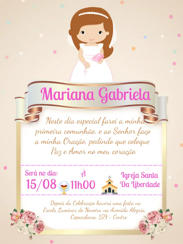 Convite Primeira Eucaristia Moldura – tema Primeira Comunhão delicado, elegante, floral, moderno, suave, infantil