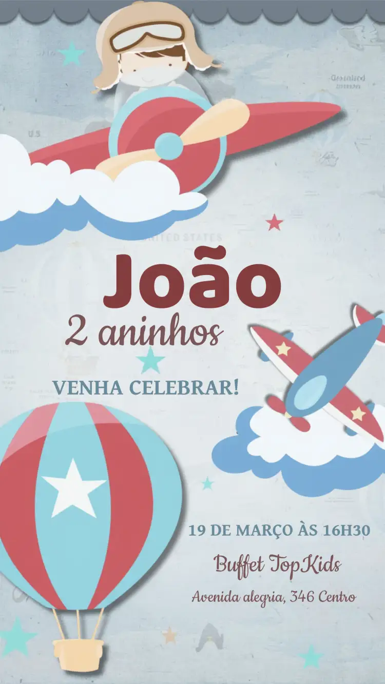 Convite Primeira Volta Ao Mundo Aviador – tema Primeira Comunhão aviador, colorido, infantil, lúdico, moderno