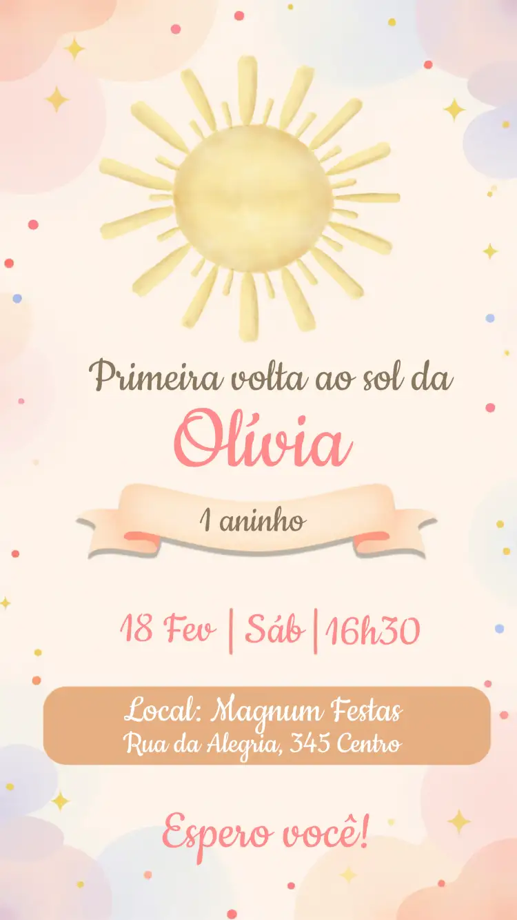 Convite Primeira Volta Ao Sol – tema Primeira Comunhão colorido, minimalista, lúdico, moderno, delicado, floral
