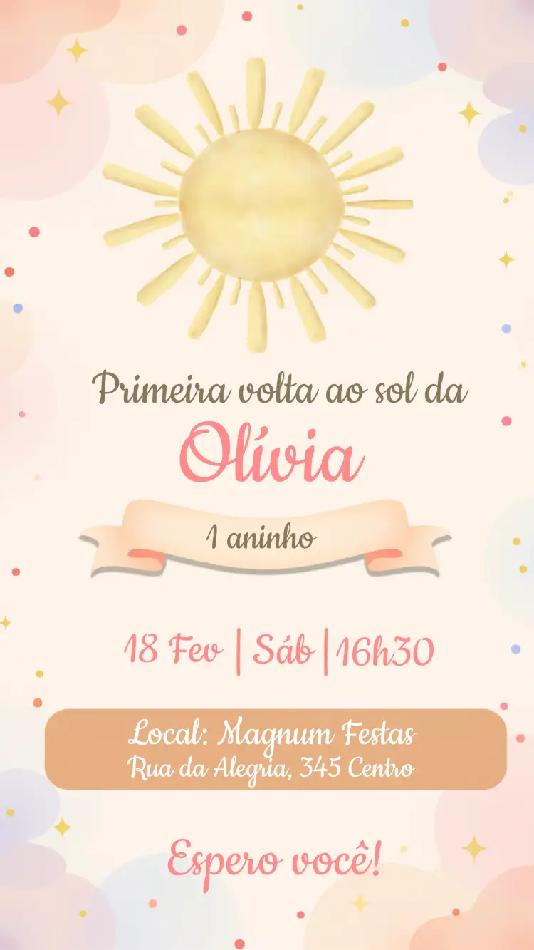 Convite Primeira Volta Ao Sol editável e personalizável