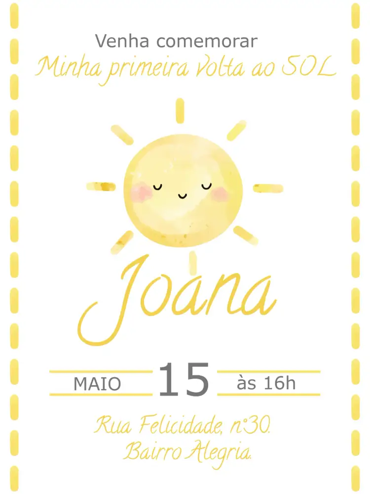 Convite Primeira Volta Ao Sol Amarelo – tema Primeira Comunhão amarelo, branco, raios de sol, céu azul, festivo