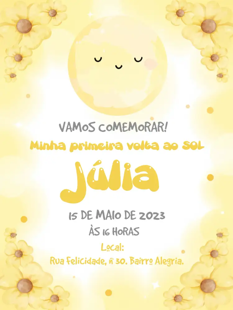 Convite Primeira Volta Ao Sol Branco – tema Primeira Comunhão branco, amarelo, minimalista, delicado, moderno