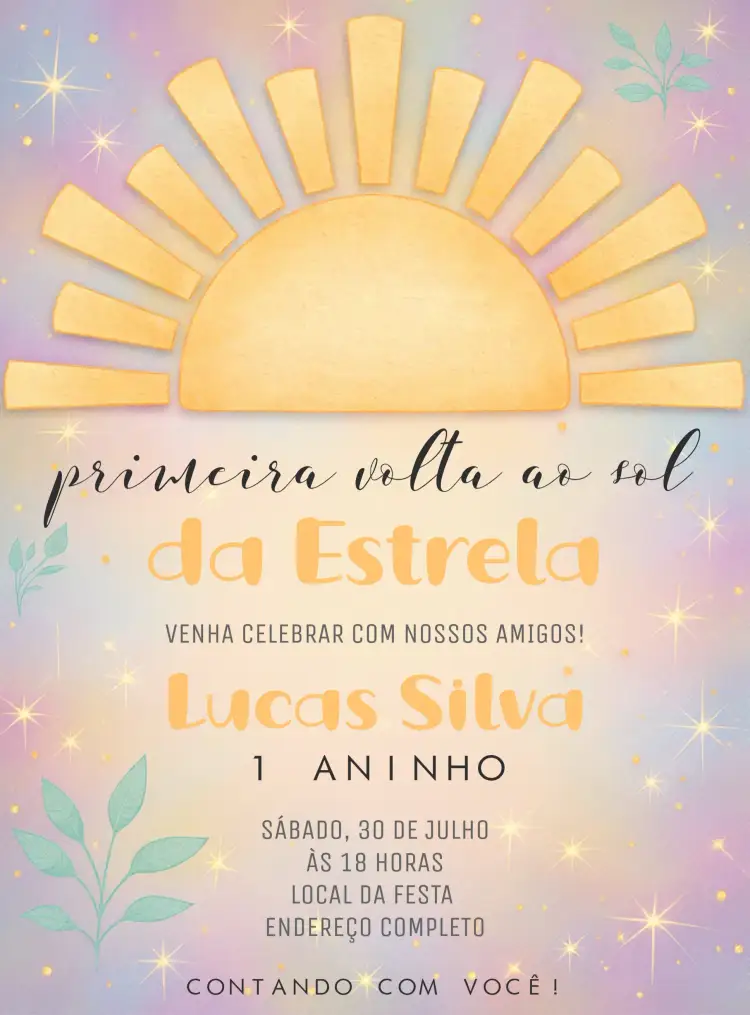 Convite Primeira Volta Ao Sol Dias – tema Primeira Comunhão amarelo, solar, infantil, divertido, colorido, alegre