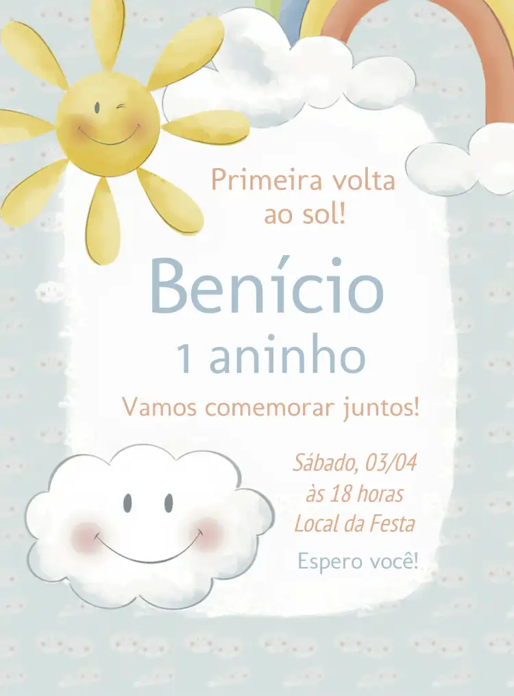 Convite Primeira Volta Ao Sol Iris – tema Primeira Comunhão arco-íris, nuvens, colorido, infantil, alegre, divertido