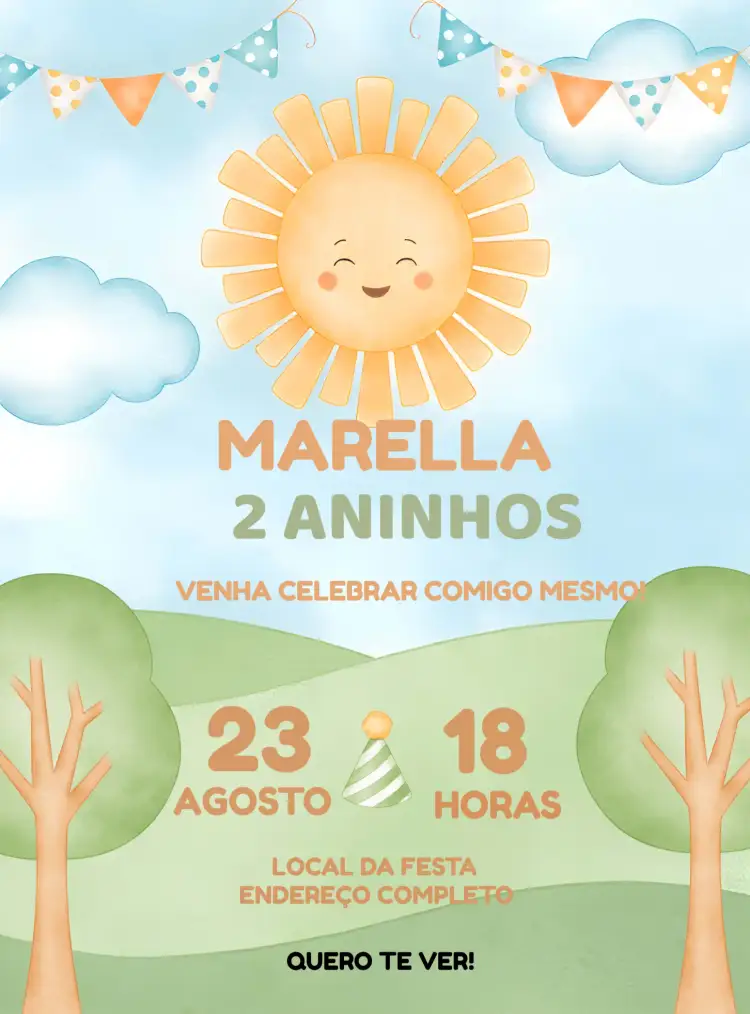 Convite Primeira Volta Ao Sol Little – tema Primeira Comunhão colorido, alegre, infantil, moderno, divertido