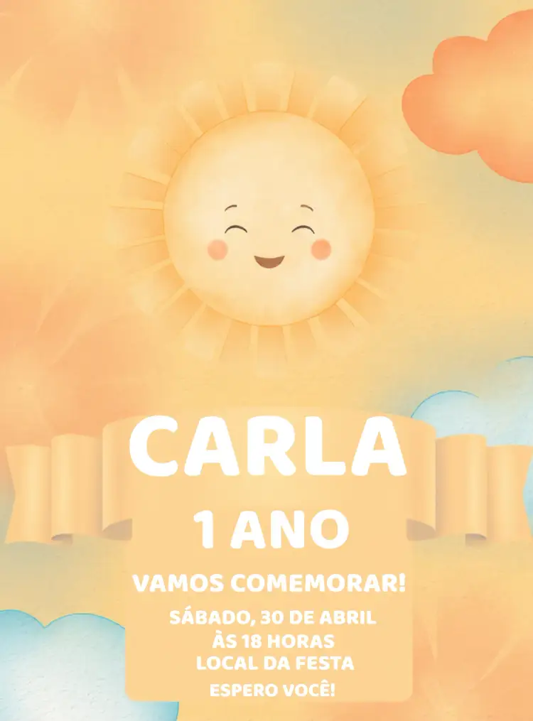 Convite Primeira Volta Ao Sol Raio – tema Primeira Comunhão aquarela, infantil, colorido, lúdico, moderninho, divertido