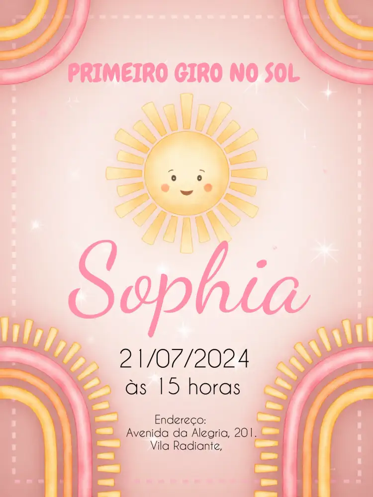 Convite Primeira Volta Ao Sol Rosa Menina – tema Primeira Comunhão boho, rosa, ilustrações de sol, arco-íris, infantil, colorido