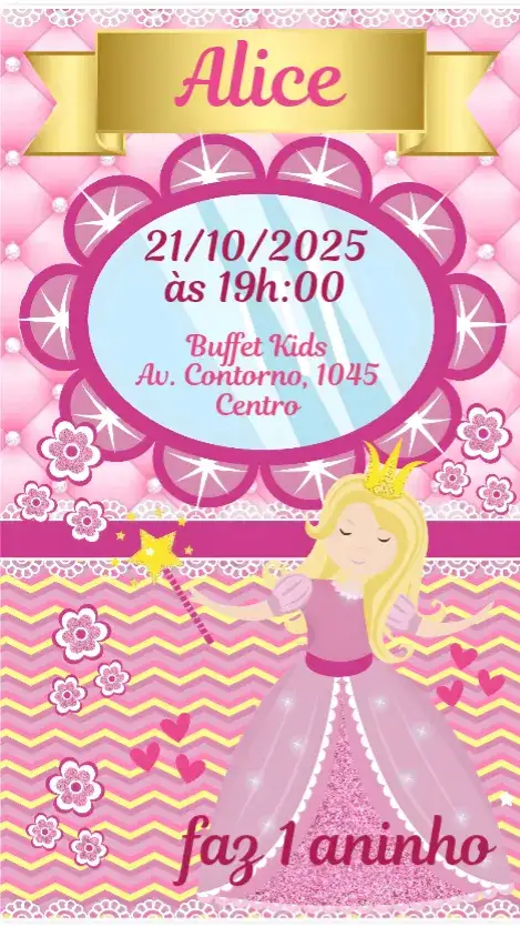 Convite Princesa – tema Aniversário Infantil rosa e dourado, fantasia, fadas, contos de fadas, ilustrações lúdicas, estilo delicado