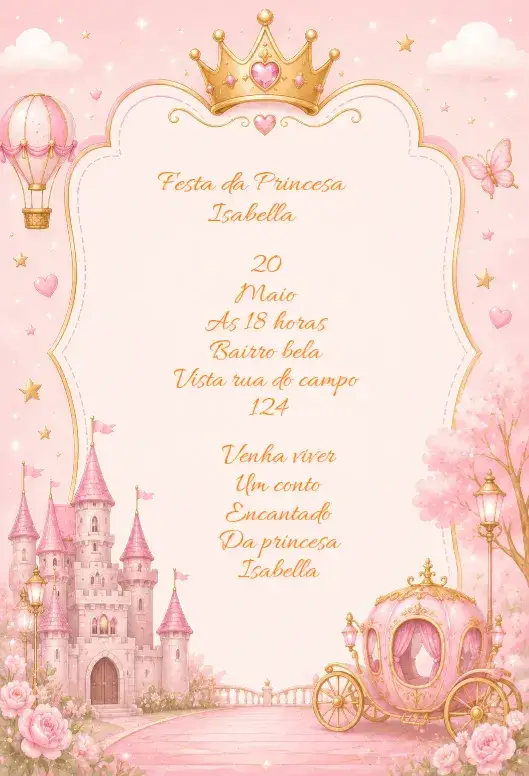 Convite Princesa – tema Aniversário Infantil rosa, dourado, azul, fantasia, mágico, infantil