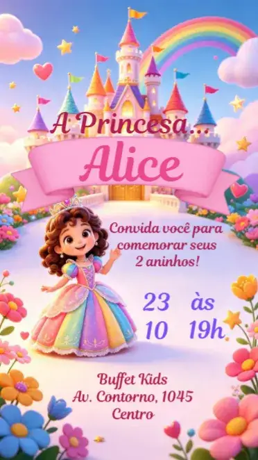 Convite Princesa – tema Aniversário Infantil colorido, fantasia, contos de fadas, mágico, princesas, castelo