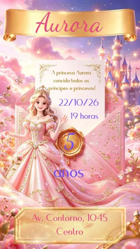 Convite Princesa – tema Aniversário Infantil princesa, rosa, dourado, lúdico, encantado, festivo