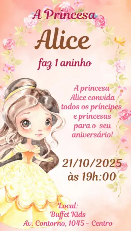 Invitación Princesa Acuarela – tema Cumpleaños Infantil acuarela, princesa, colores pasteles, lúdico, colorido, infantil