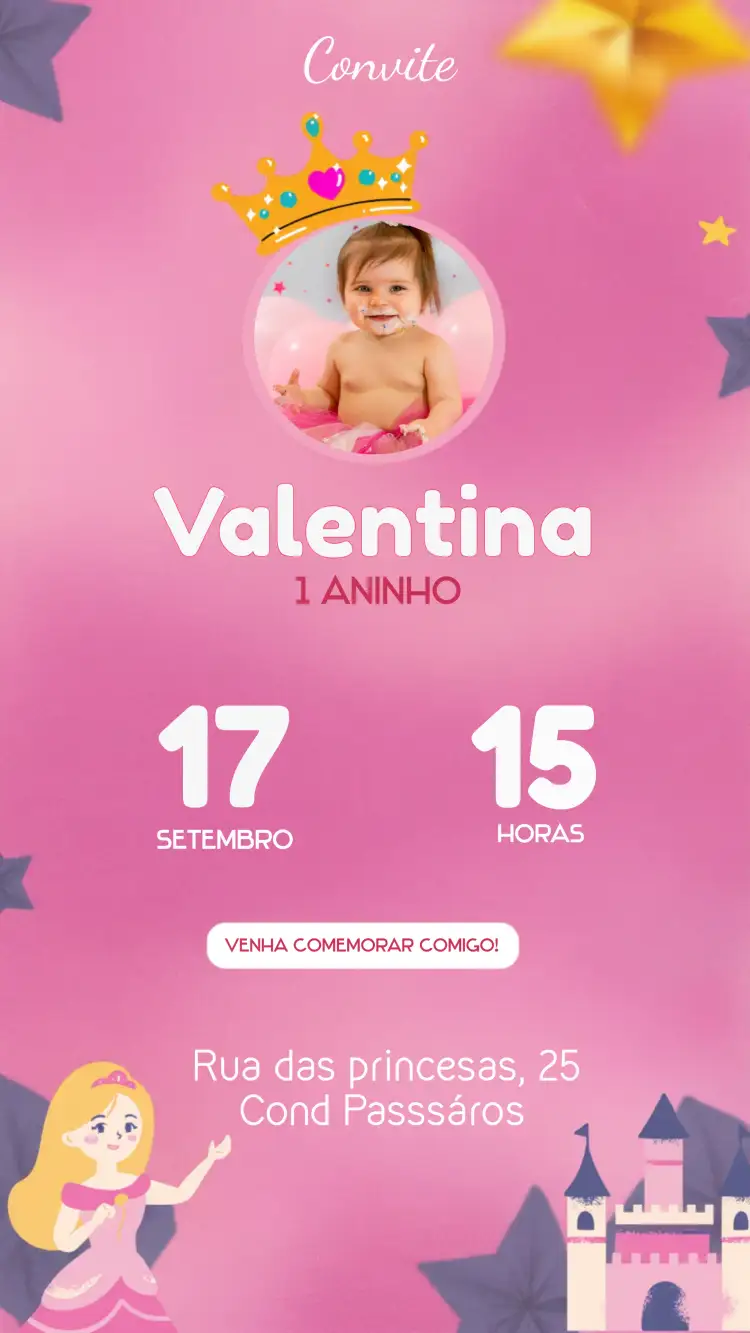 Convite Princesa Com Foto Ano – tema Datas Comemorativas rosa e branco, princesa, coroa, estrelas, feminino, mágico