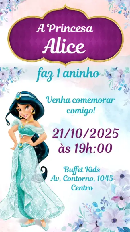 Convite Princesa Jasmine – tema Aniversário Infantil Princesa, Floral, Aquarela