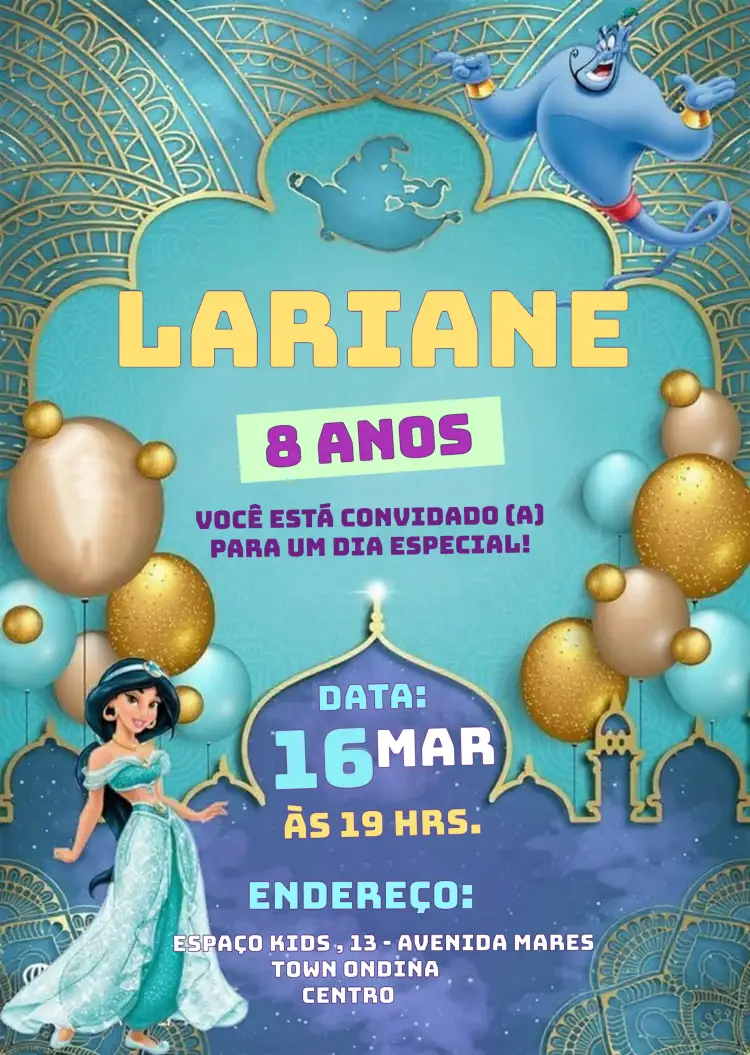 Convite Princesa Jasmine Disney Aladdin Bday – tema Aniversário Infantil colorido, mágico, lúdico, fantasia, temático