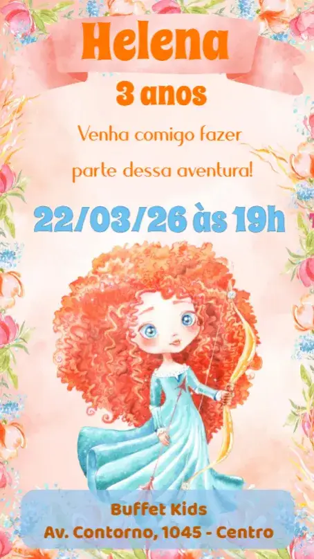 Convite Princesa Merida Aquarela – tema Aniversário Infantil aquarela, fantasia, aventura, colorido, infantil, mágico