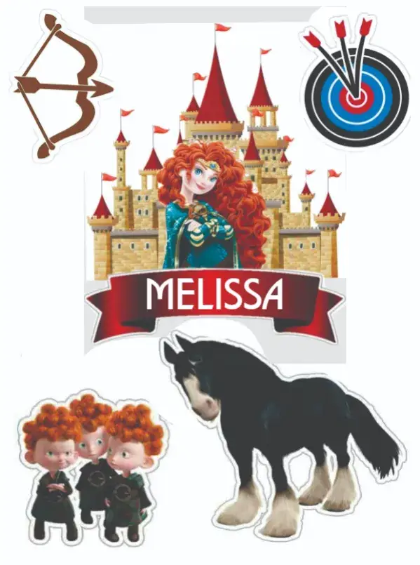 Invitación Princesa Merida – tema Topper de torta colores vibrantes, elementos de cuentos de hadas, estilo alegre, ilustraciones encantadoras, diseño lúdico, detalles florales