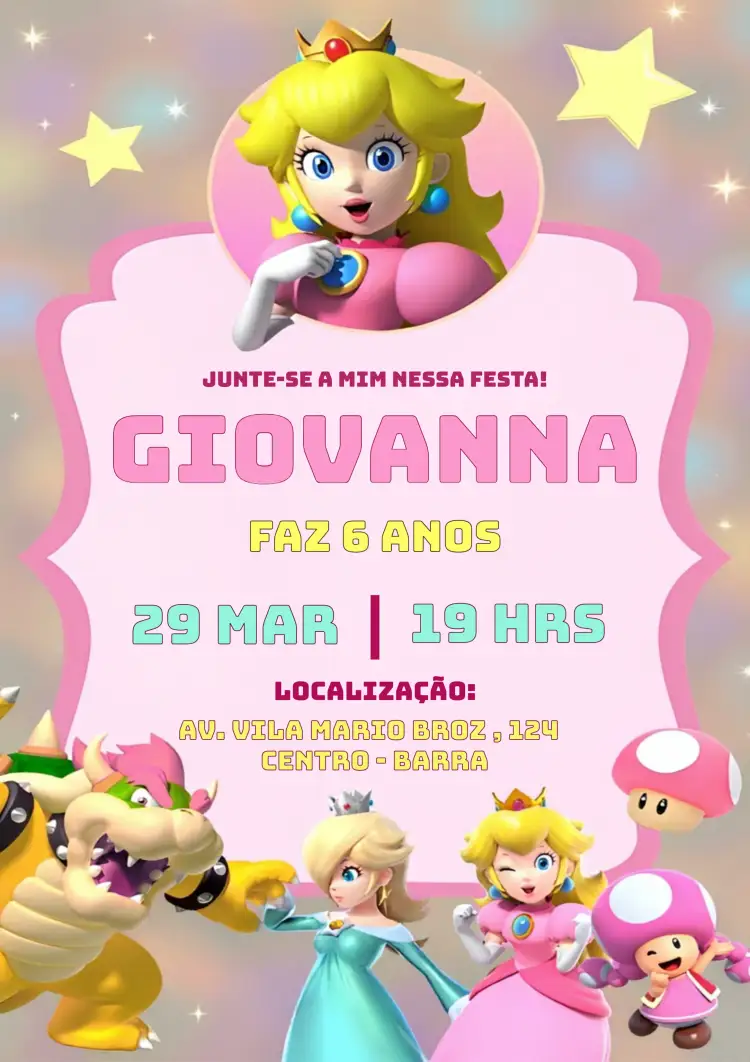 Convite Princesa Peach Mario – tema Aniversário Infantil cores vibrantes, estilo lúdico, elementos gráficos do Mario, tema de videogame, design infantil, cores pastel