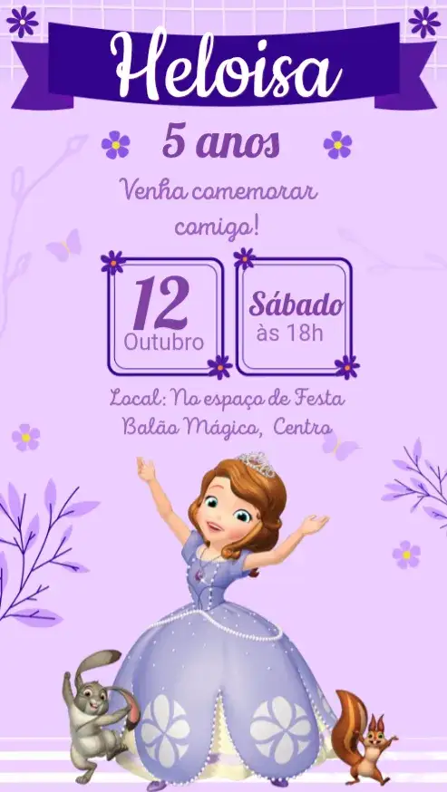 Convite Princesa Sofia – tema Mais pesquisados lilás, roxo, Disney, mágico, infantil, princesas