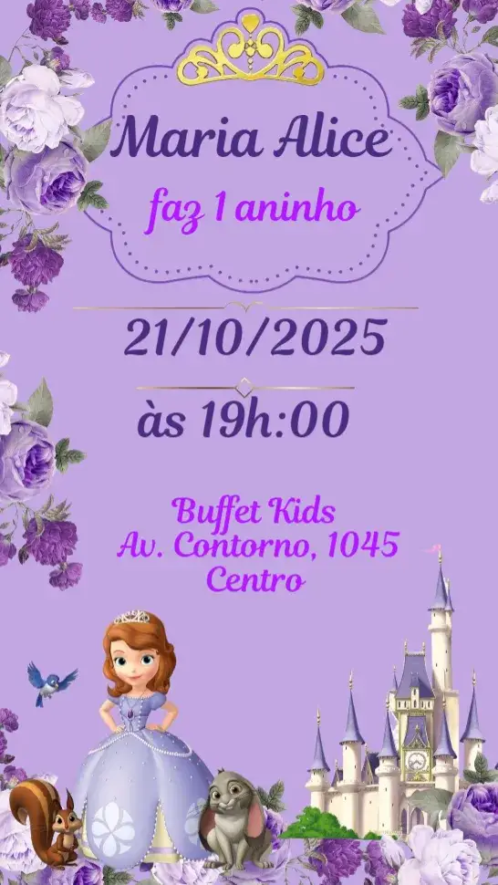 Convite Princesinha Sofia – tema Aniversário Infantil princesas, fantasia, renda, colorido, mágico, ilustrações infantis
