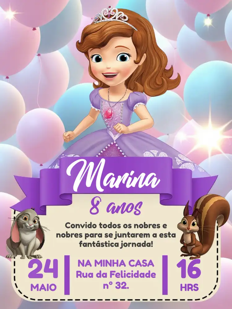 Convite Princesa Sofia Disney Coelho – tema Mais pesquisados roxo, infantil, fantasia, Disney, colorido