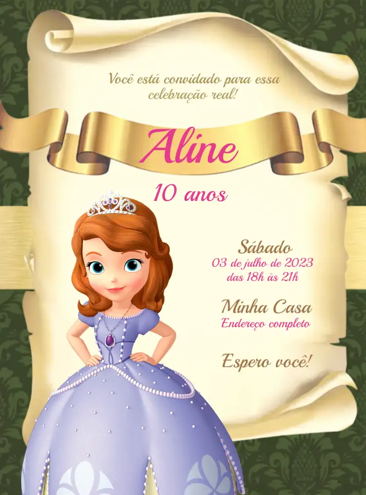 Convite Princesa Sofia Dourado – tema Mais pesquisados dourado, rosa, princesa, fantasia, infantil, brilhante