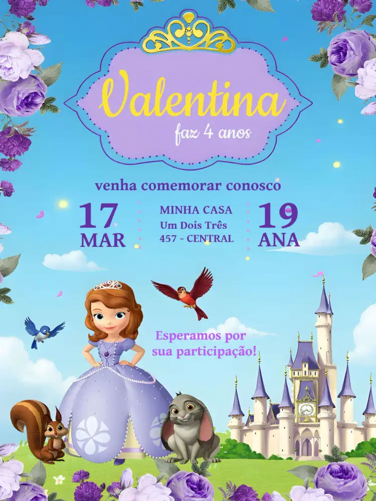 Convite Princesa Sofia Menina – tema Mais pesquisados roxo, princesas, fantasia, lúdico, colorido