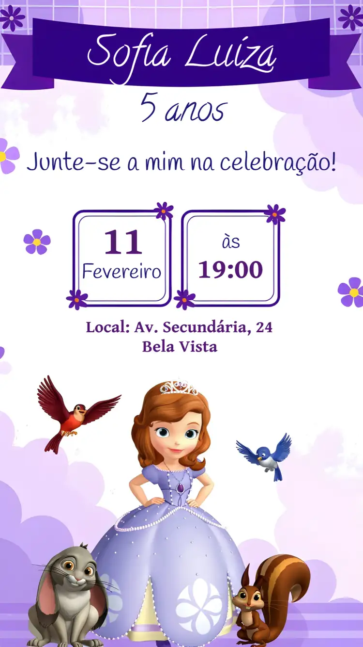 Convite Princesa Sofia Princesinha – tema Mais pesquisados roxo, lilás, feminino, princesa, infantil, encantado