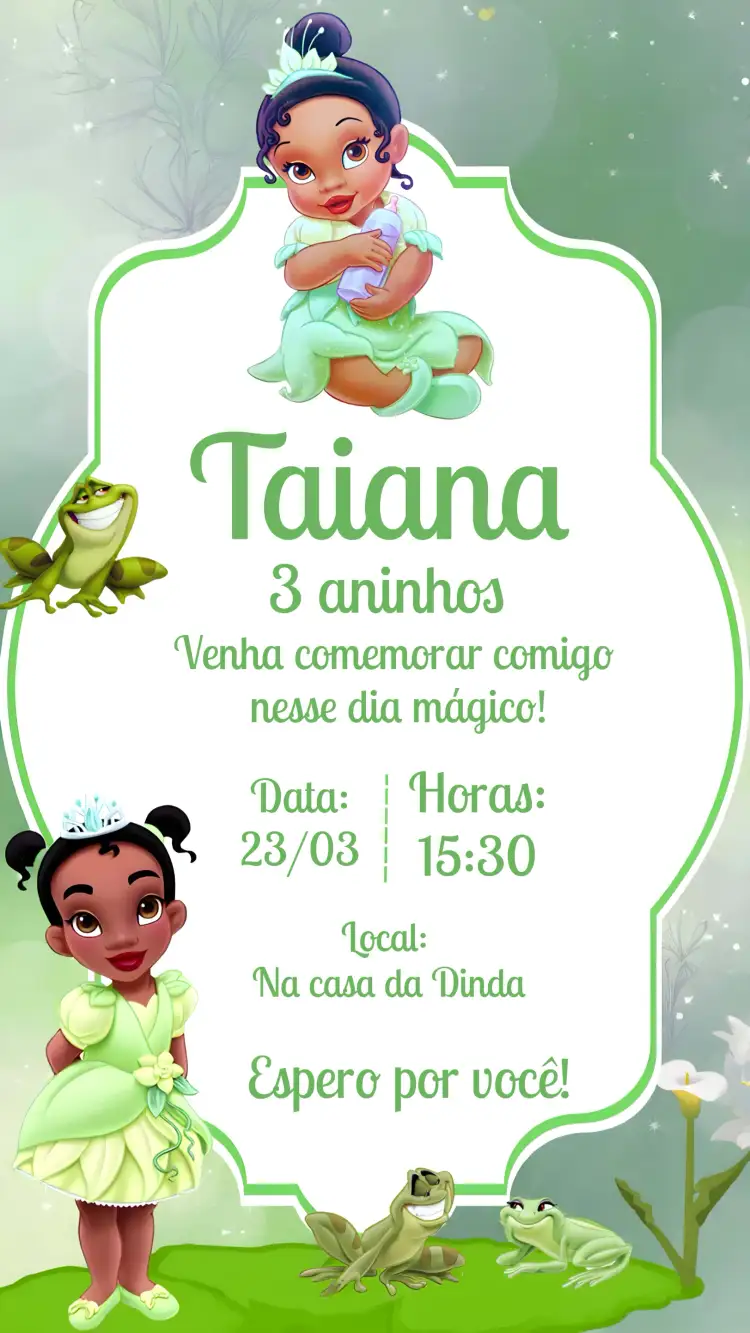 Convite Princesa Tiana Baby Brancas – tema Mais pesquisados floral, colorido, brilho suave, infantil, temático disney, delicado