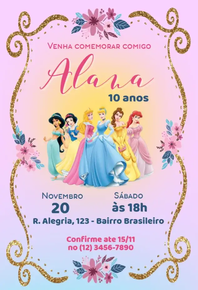 Convite Princesas – tema Aniversário Infantil colorido, fantástico, delicado, mágico, temático, infantil