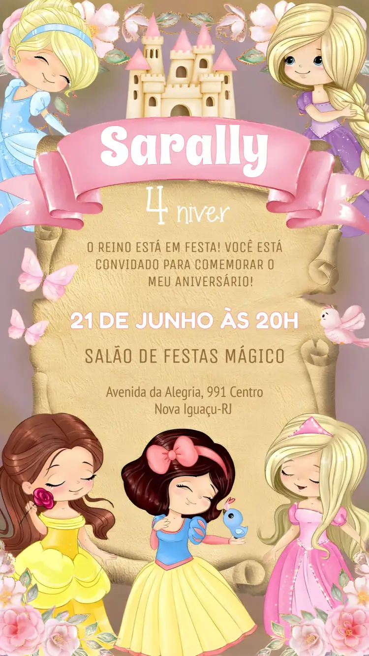 Convite Princesas Cute – tema Mais pesquisados aquarela, rosa, princesas, infantil, delicado, mágico