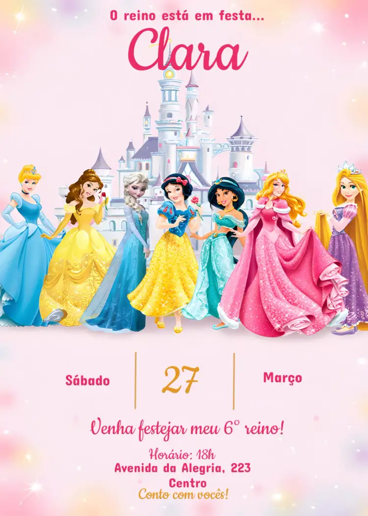 Convite Princesas Da Disney – tema Mais pesquisados cores suaves, estilo encantado, elementos gráficos de princesas, tema mágico, design colorido, detalhes brilhantes