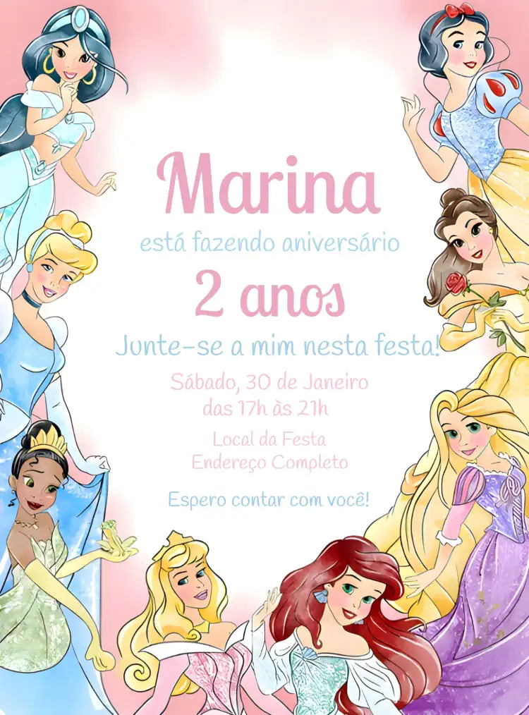 Convite Princesas Da Disney Aquarela Neve – tema Mais pesquisados aquarela, colorido, infantil, mágico, floral, lúdico