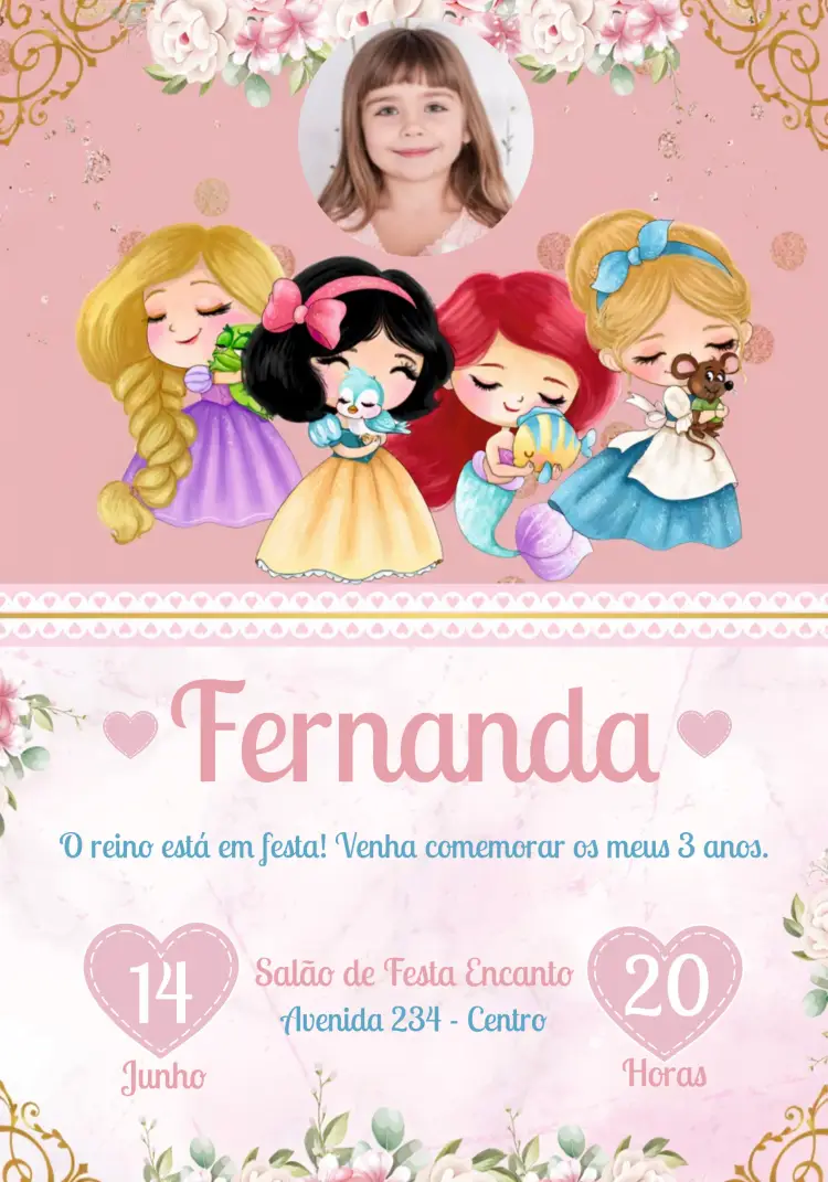 Convite Princesas Da Disney Com Foto Azul