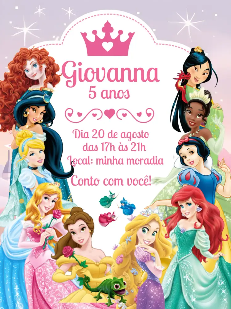 Convite Princesas Da Disney Coroa – tema Mais pesquisados colorido, fantasia, mágico, princesas, coroas, brilho