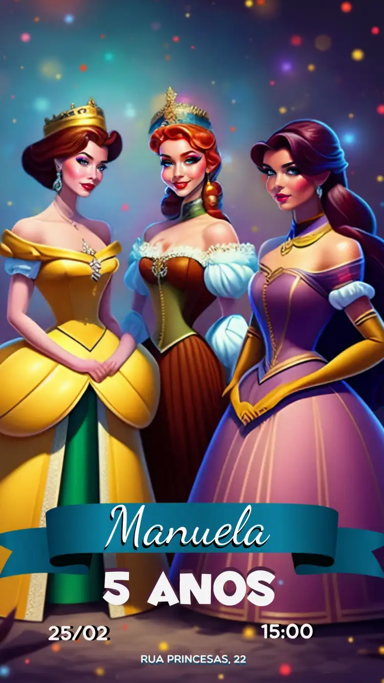 Convite Princesas Da Disney Festa – tema Datas Comemorativas colorido, fantasia, mágico, infantil, animado, vibrante