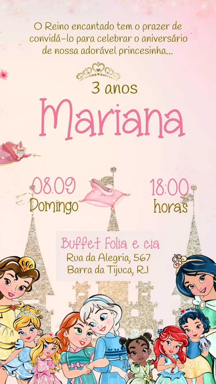 Convite Princesas Da Disney Glitter – tema Mais pesquisados rosa, glitter, aquarela, temática Disney, infantil, delicado