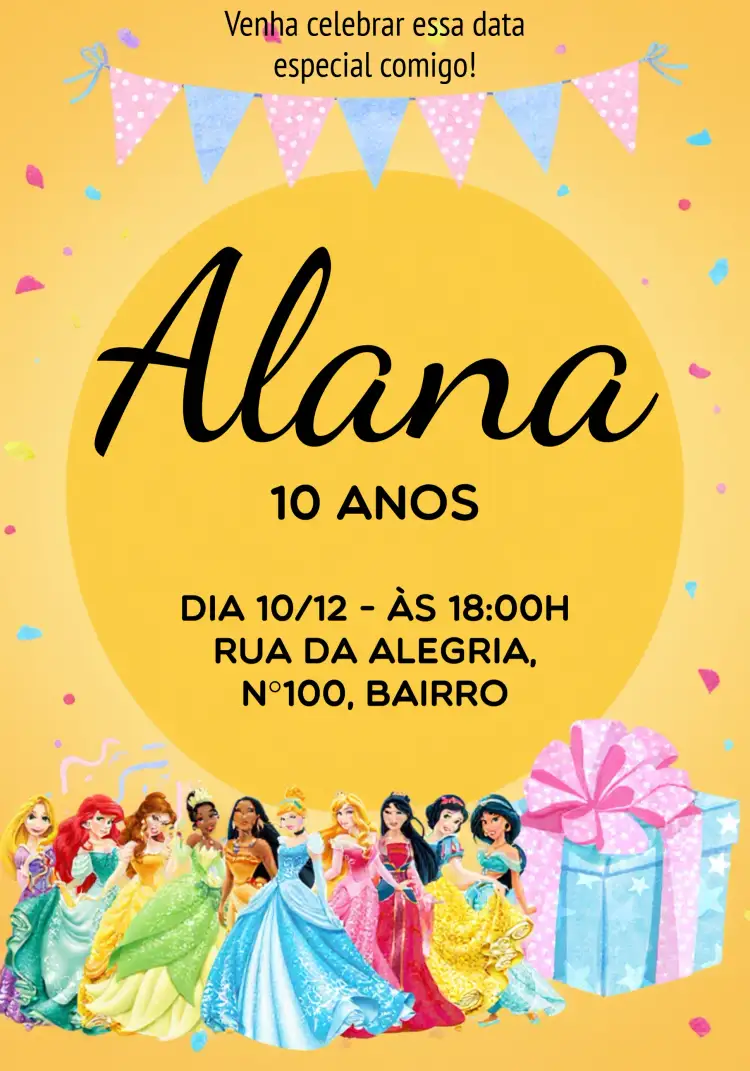 Convite Princesas Disney – tema Aniversário Infantil colorido, mágico, infantil, princesas, divertido