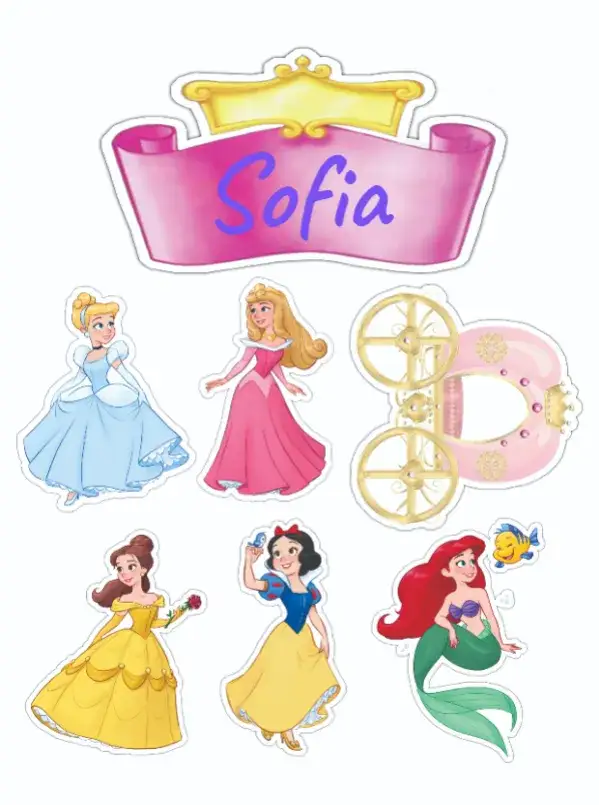 Invitation Disney Princesses – Cake topper theme pastel colors, playful style, Disney graphic elements, charming illustrations, fairy tale theme, fun design