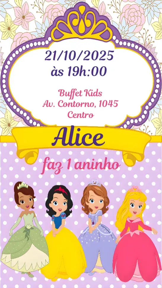 Convite Princesas Disney – tema Aniversário Infantil cores pastel, estilo lúdico, elementos gráficos da Disney, tons vibrantes, ilustrações fofas, design encantador