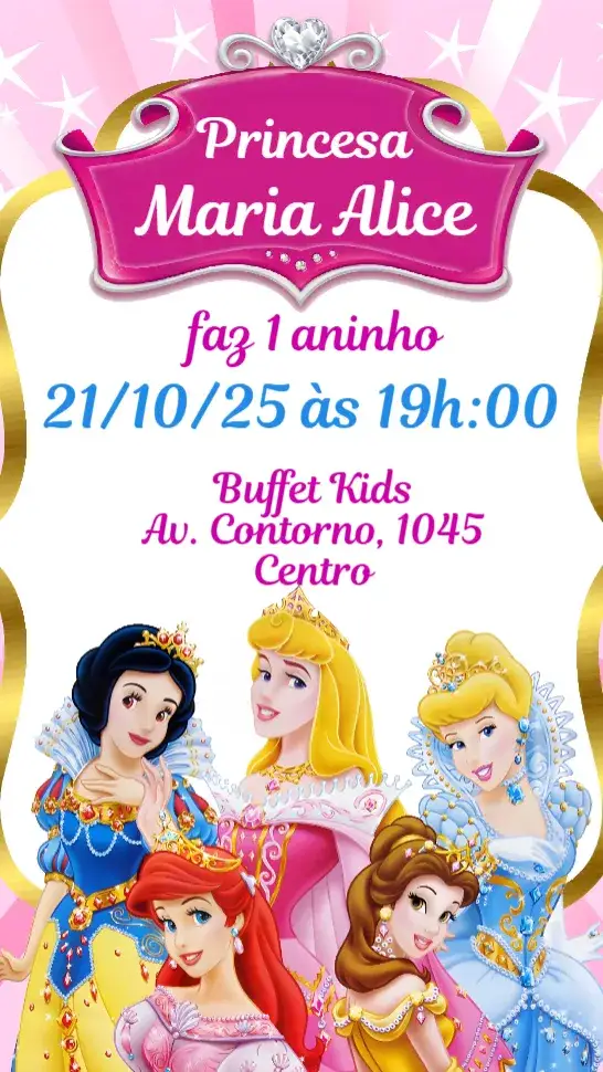 Convite Princesas Disney – tema Aniversário Infantil colorido, mágico, temático, infantil, vibrante, fantasioso