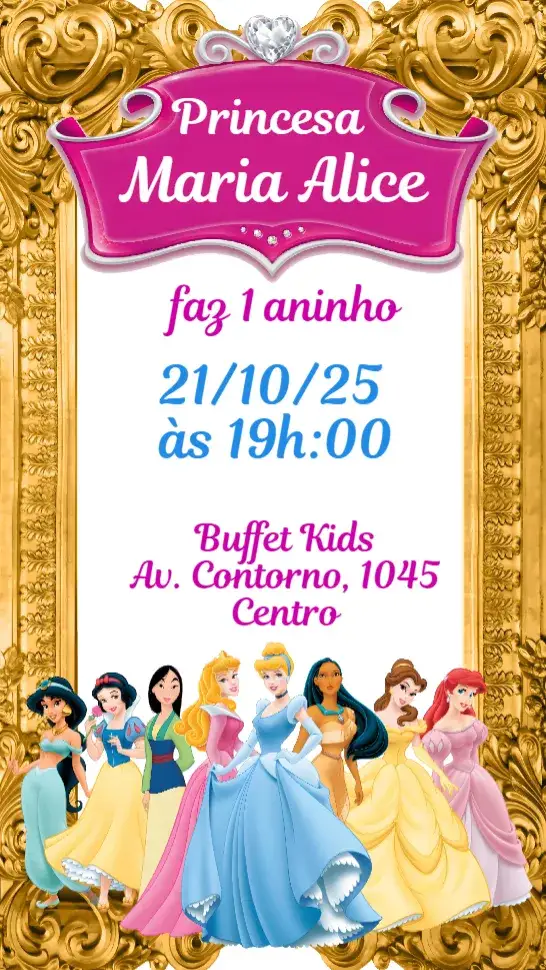 Convite Princesas Disney – tema Aniversário Infantil colorido, lúdico, fantasia, mágico, infantil, brilhante