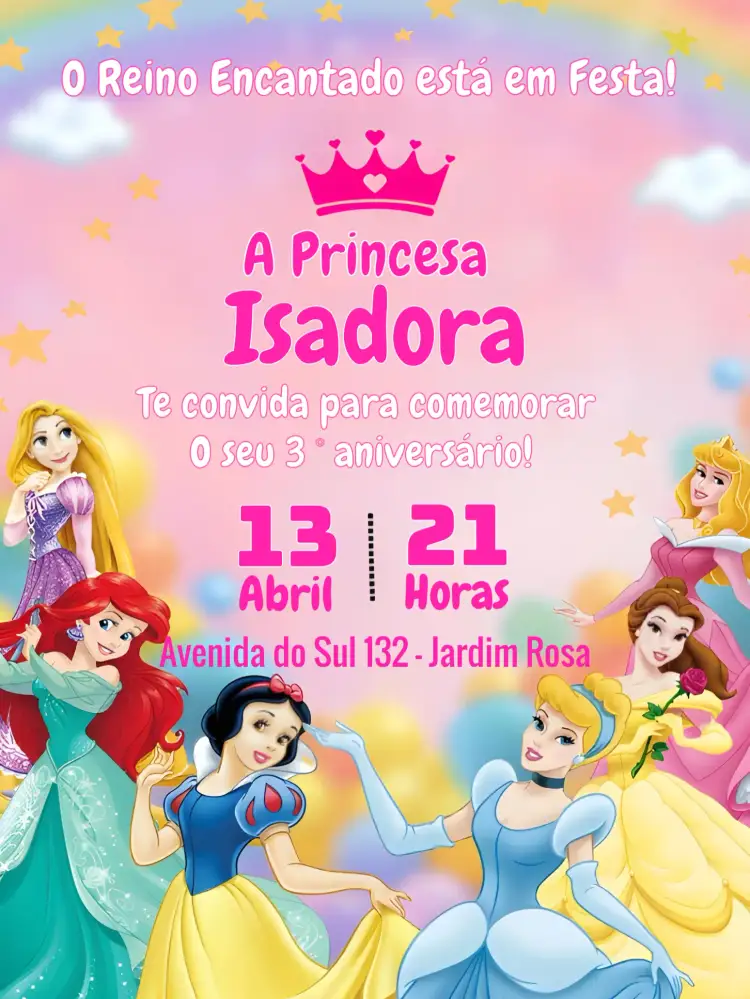 Convite Princesas Disney – tema Mais pesquisados rosa, divertido, mágico, colorido, infantil