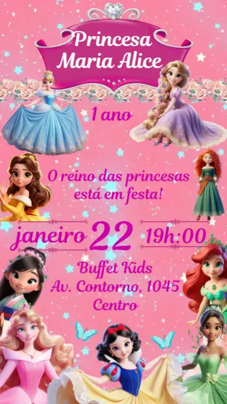 Convite Princesas Disney – tema Aniversário Infantil colorido, temático, fadas, brilho, ilustrações encantadoras, mágico