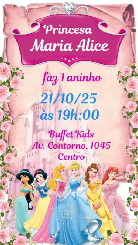 Convite Princesas Disney – tema Aniversário Infantil colorido, lúdico, mágico, temático, infantil