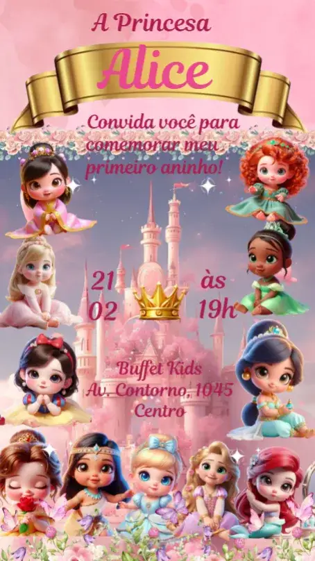 Convite Princesas Disney Baby – tema Aniversário Infantil cores pastel, estilo lúdico, elementos gráficos da Disney, design encantador, inspirado em contos de fadas, estilo divertido