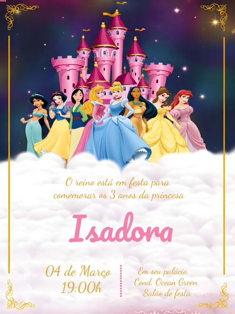 Convite Princesas Disney Castelo – tema Mais pesquisados rosa, dourado, amarelo, fantasia, realeza, mágico