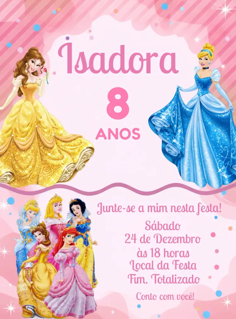 Convite Princesas Disney Cinderela – tema Mais pesquisados estilo conto de fadas, cores pastel, elementos gráficos de princesas, design encantador, tema mágico, ilustrações delicadas