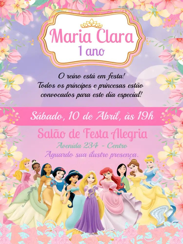 Convite Princesas Disney Cute Verde – tema Mais pesquisados aquarela, delicado, flores, cores pastéis, cute, princesas